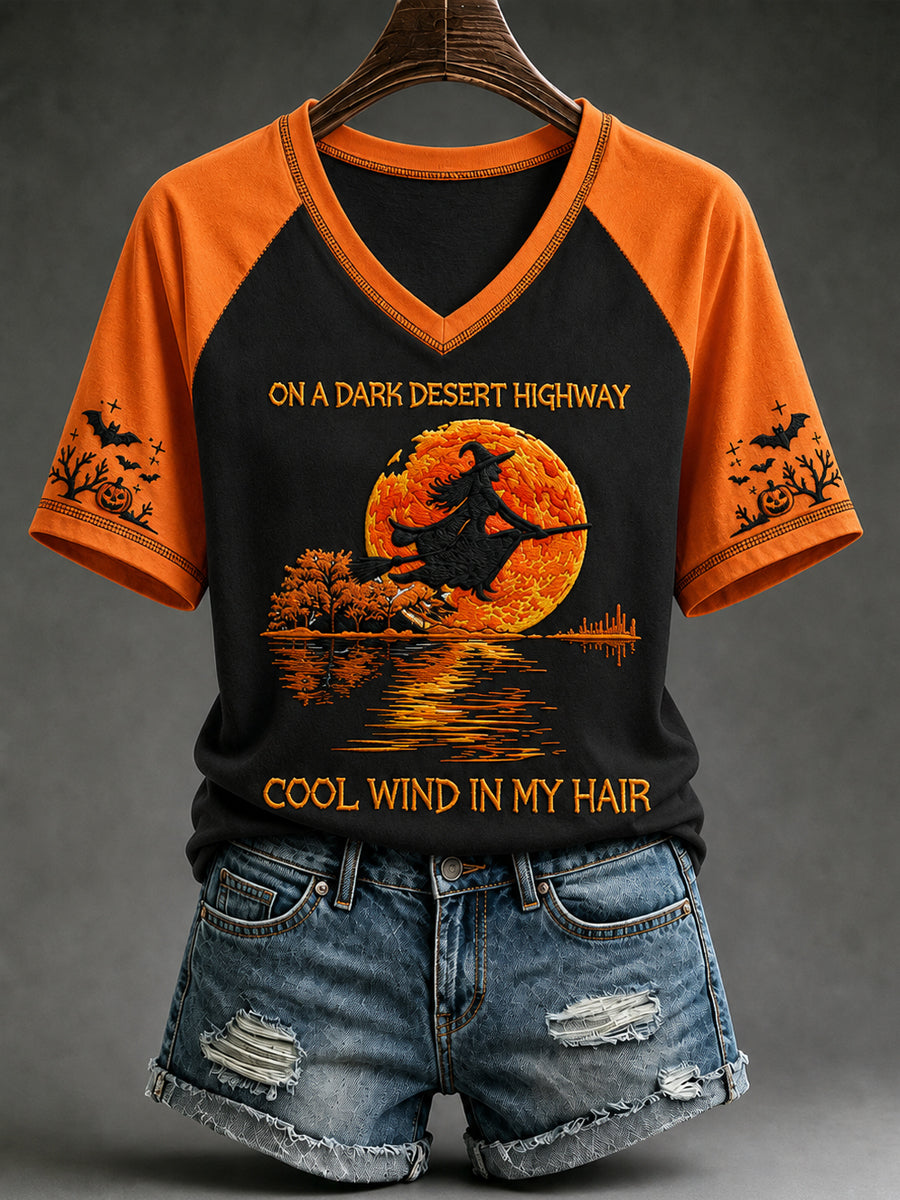 Kvinnor Halloween häxa pumpa Bat V-hals kort ärm T-shirt