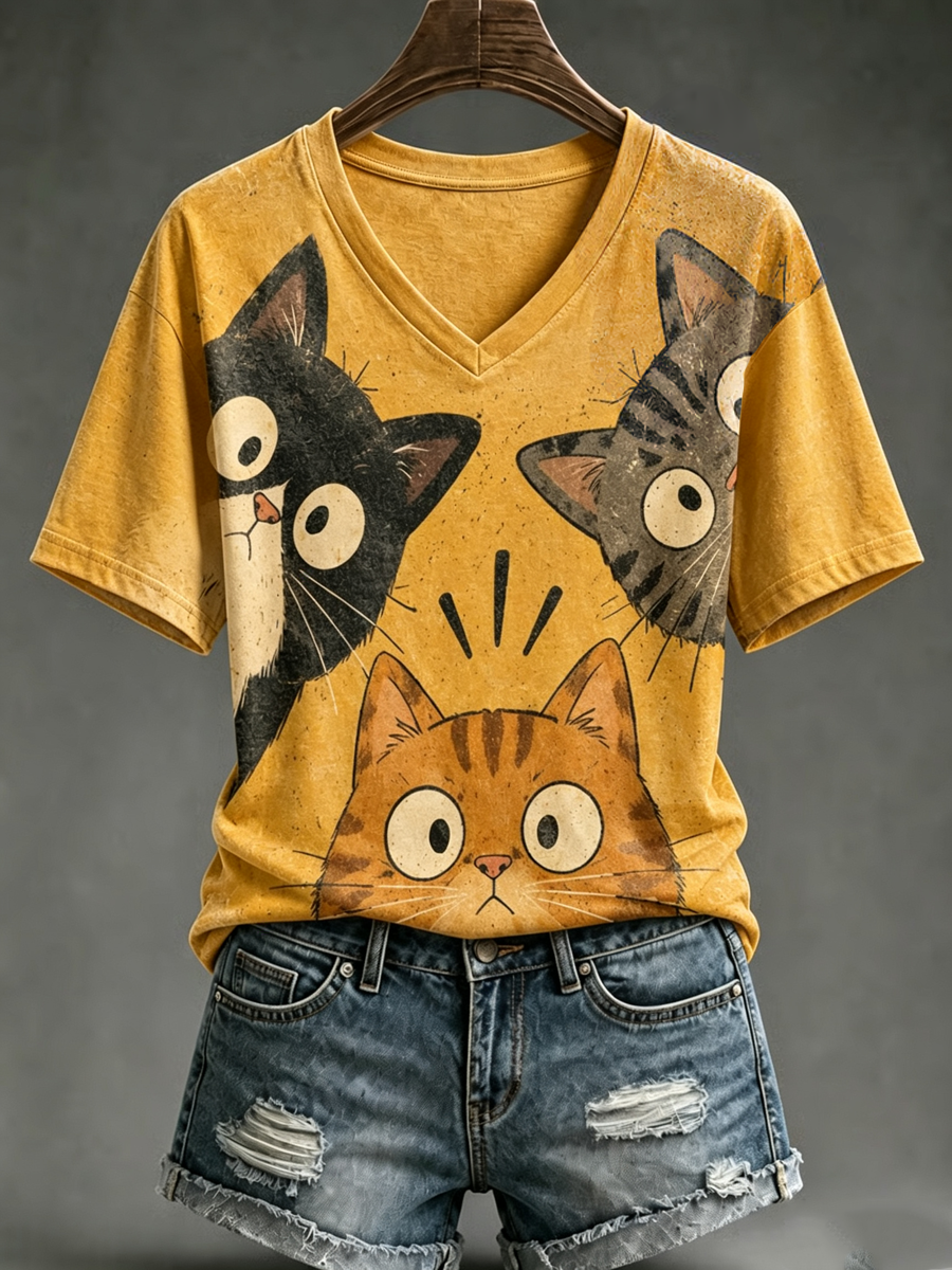 Damens söt katttryck kortärmad T-shirt