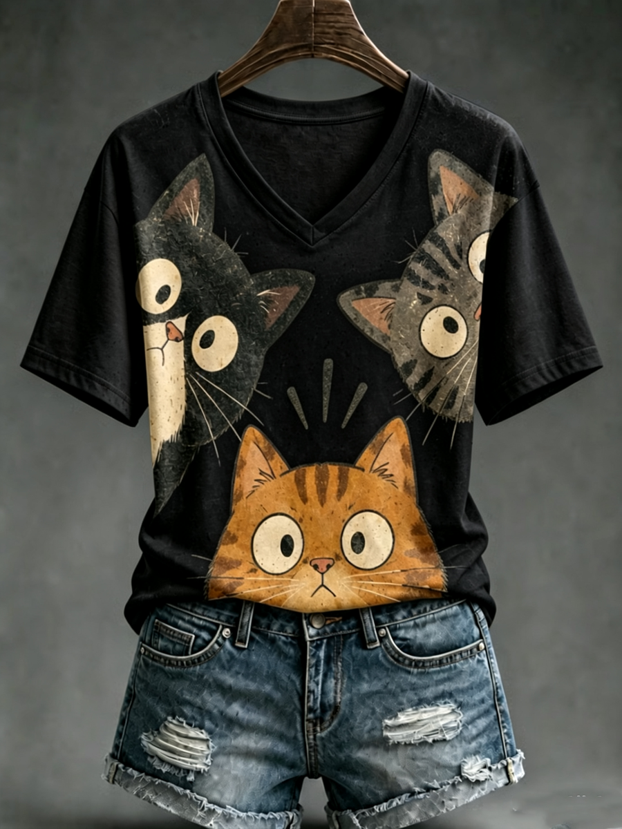 Damens söt katttryck kortärmad T-shirt