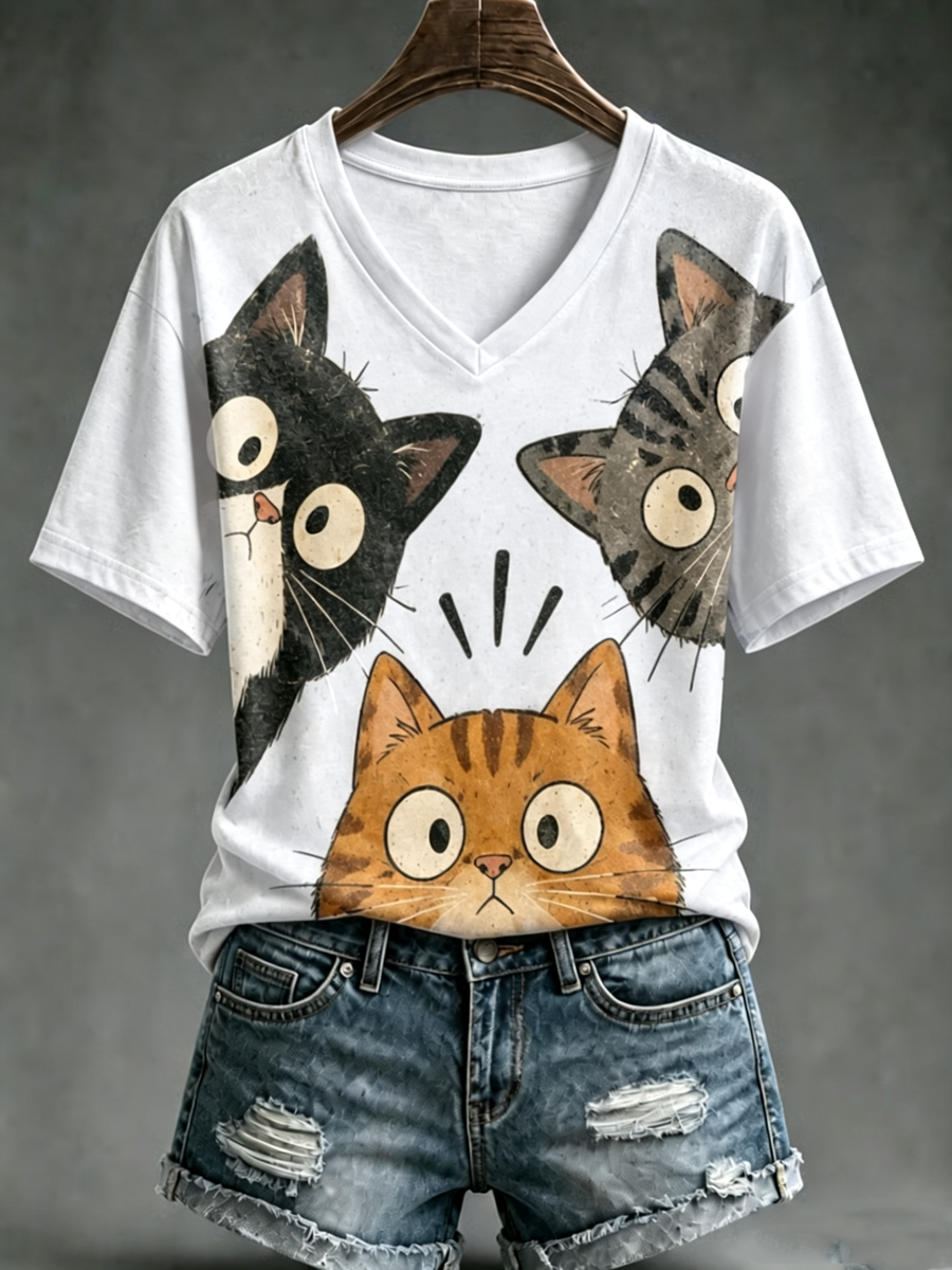 Damens söt katttryck kortärmad T-shirt