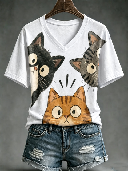 Damens söt katttryck kortärmad T-shirt
