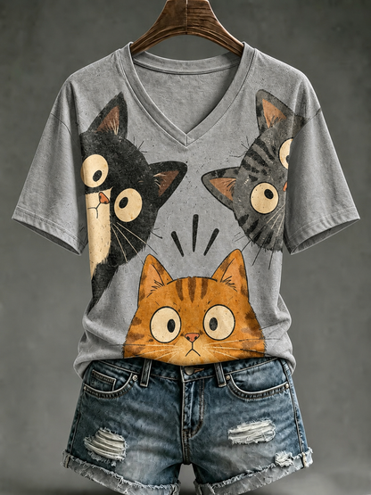 Damens söt katttryck kortärmad T-shirt
