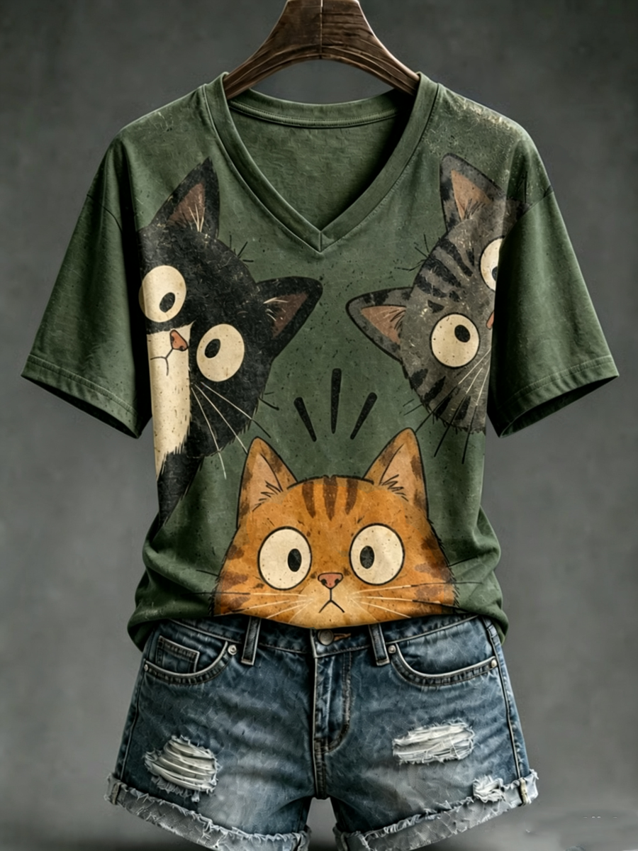 Damens söt katttryck kortärmad T-shirt