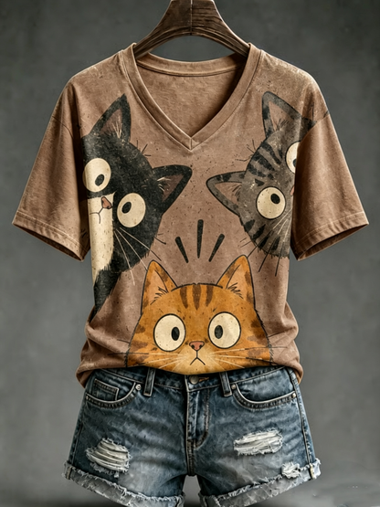 Damens söt katttryck kortärmad T-shirt