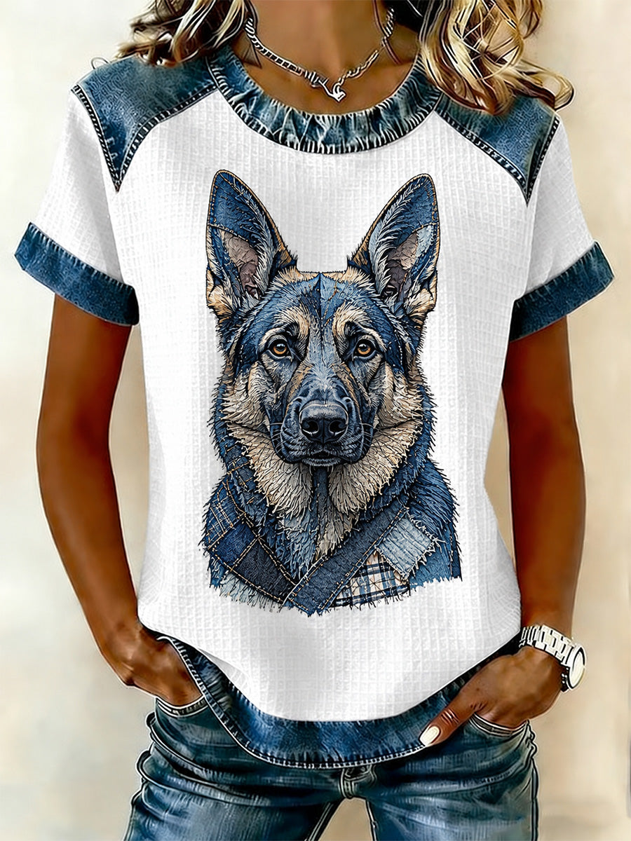 Kvinnors Denim Patchwork hund utskrift våffel Casual Tee