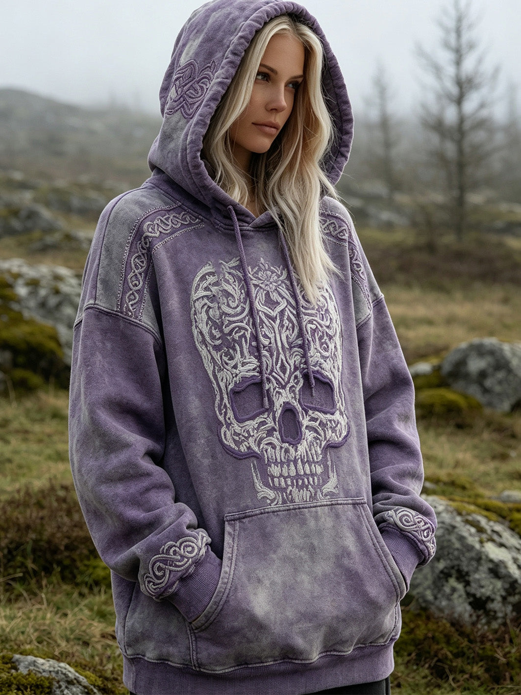 Kvinnor retro Viking stil skallen mönster tryckt avslappnad tvättad hoodiet