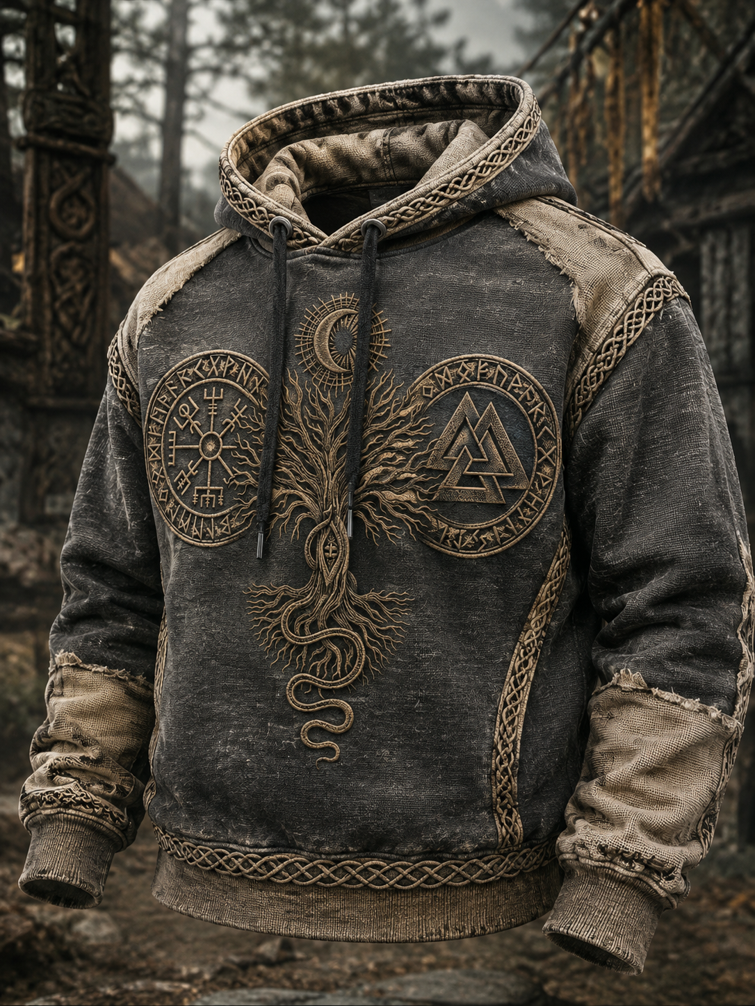 Herrlig retro-vikingavästling med valknut och livsträd – överdimensionerad hoodie