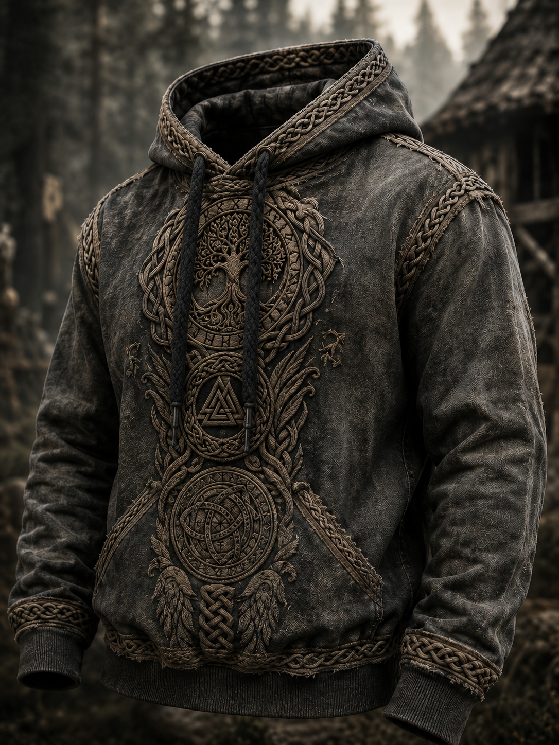 Herrlig retro-vikingavästling med valknut och livsträd – överdimensionerad hoodie