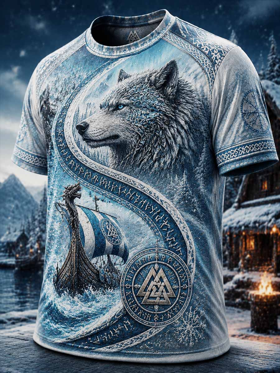 Vintagevinter-T-shirt för män med vikingatryck
