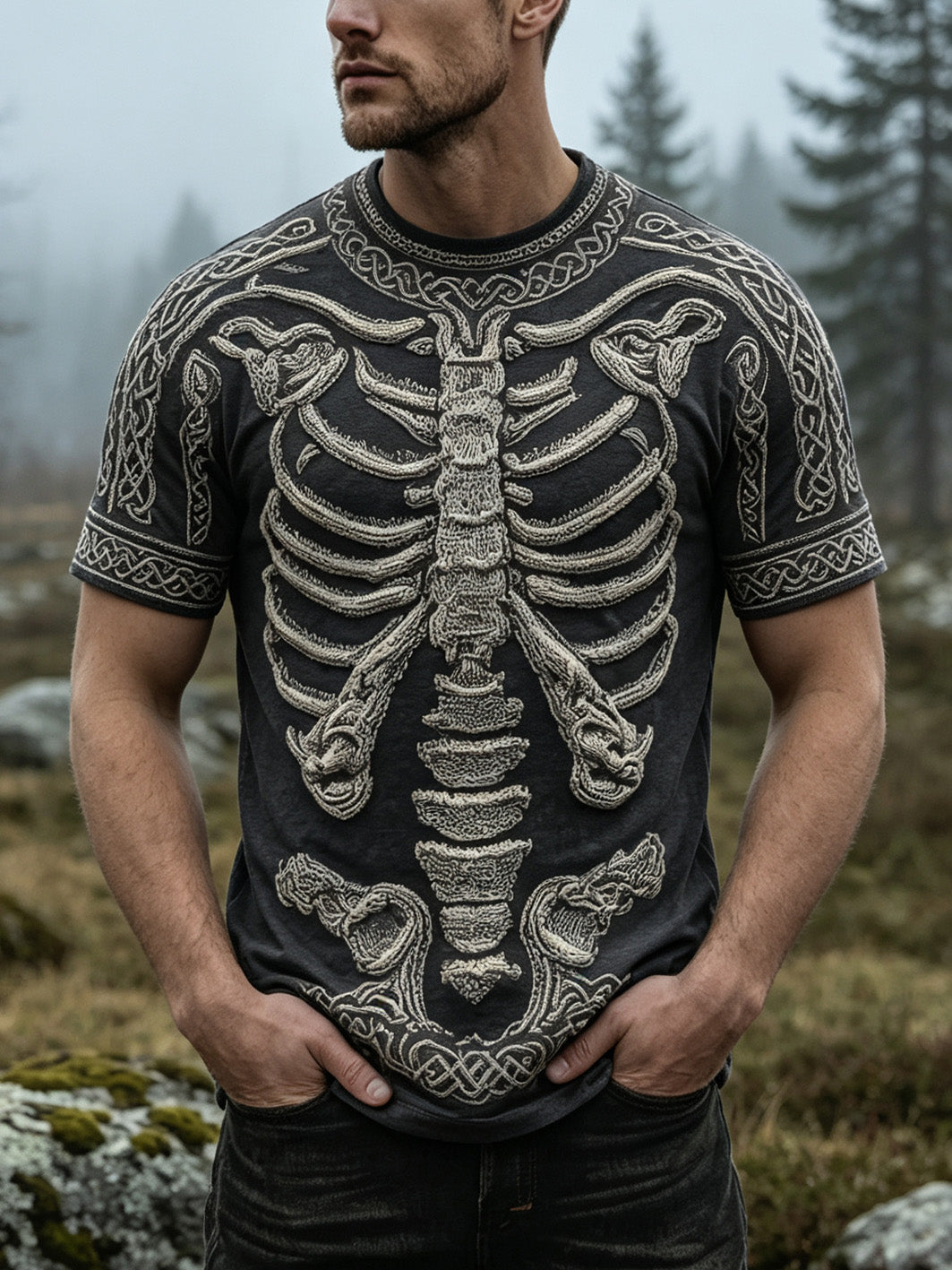 Mäns retro skall skelett mönster tryckt avslappnad kort ärm T-shirt