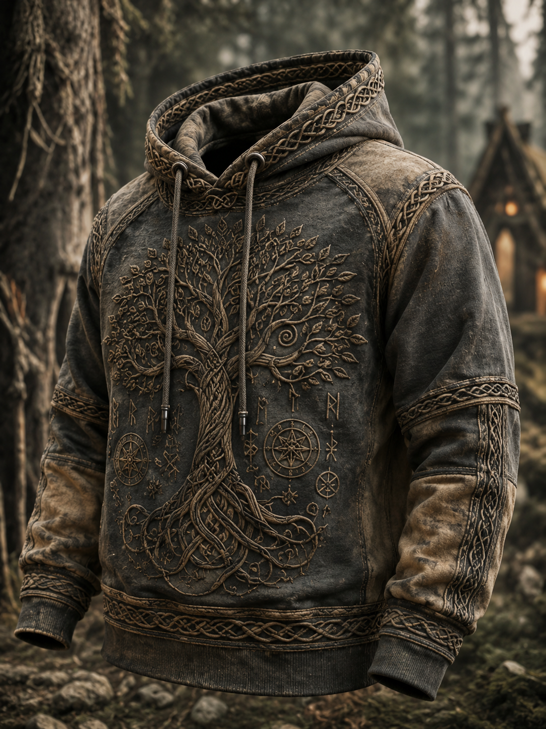 Herrlig retro-vikingavästling med valknut och livsträd – överdimensionerad hoodie