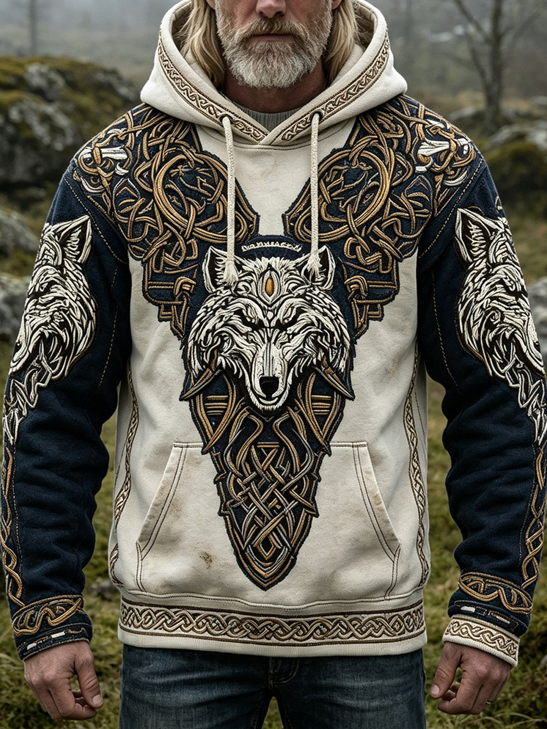 Mäns retro Viking stil varg mönster tryckt avslappnad tvättad hoodiet