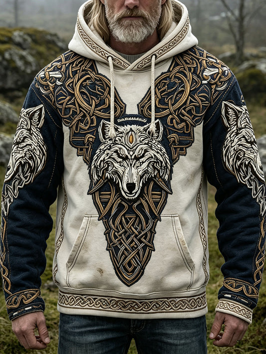 Mäns retro Viking stil varg mönster tryckt avslappnad tvättad hoodiet