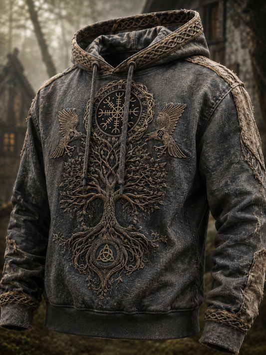 Herrlig retro-vikingavästling med valknut och livsträd – överdimensionerad hoodie