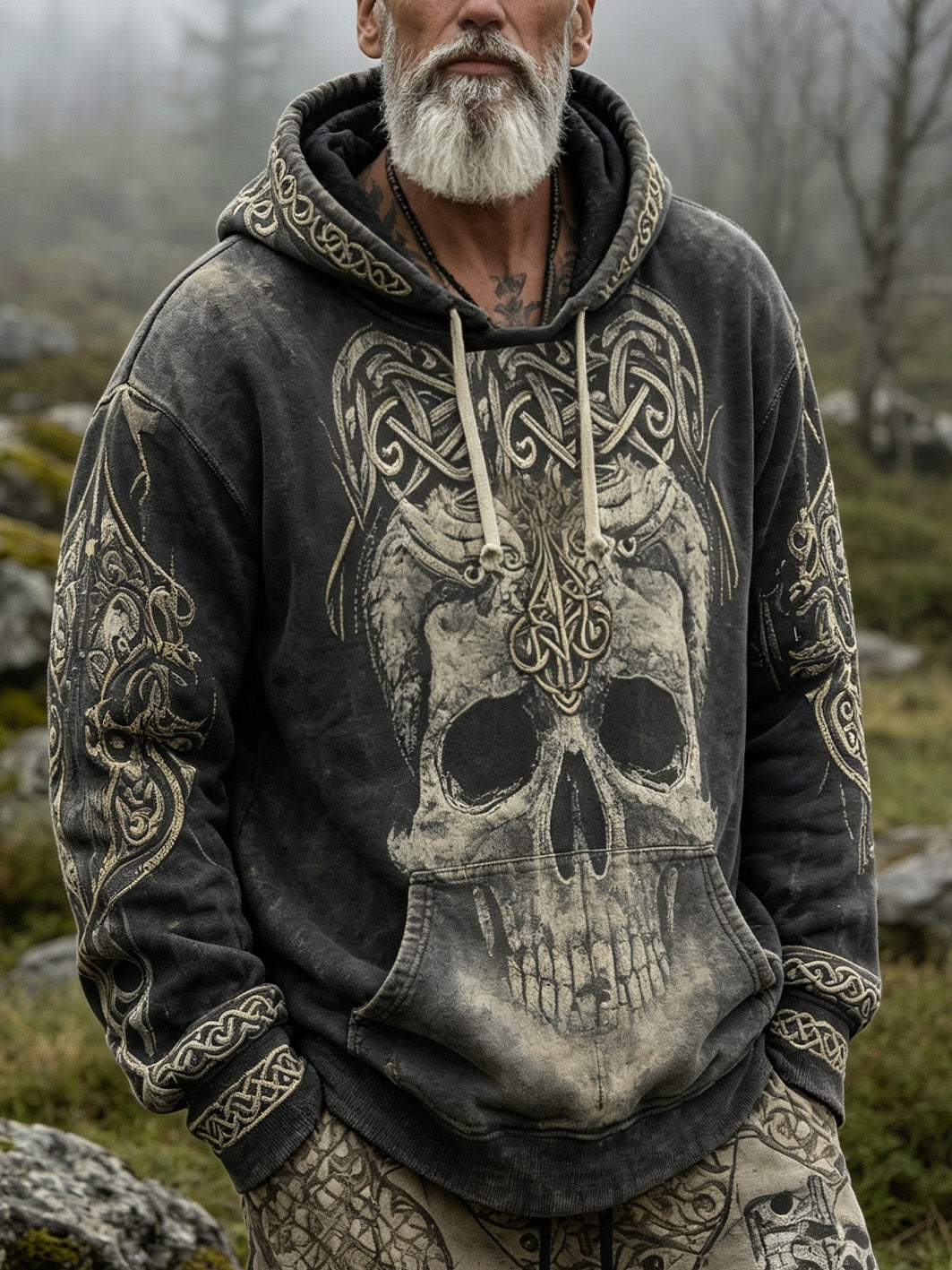 Mäns retro Viking stil skallen mönster tryckt avslappnad tvättad hoodiet