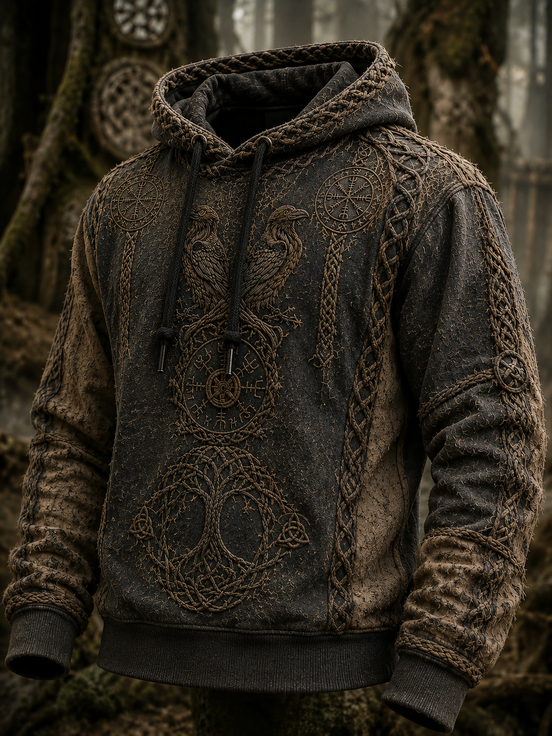 Herrlig retro-vikingavästling med valknut och livsträd – överdimensionerad hoodie