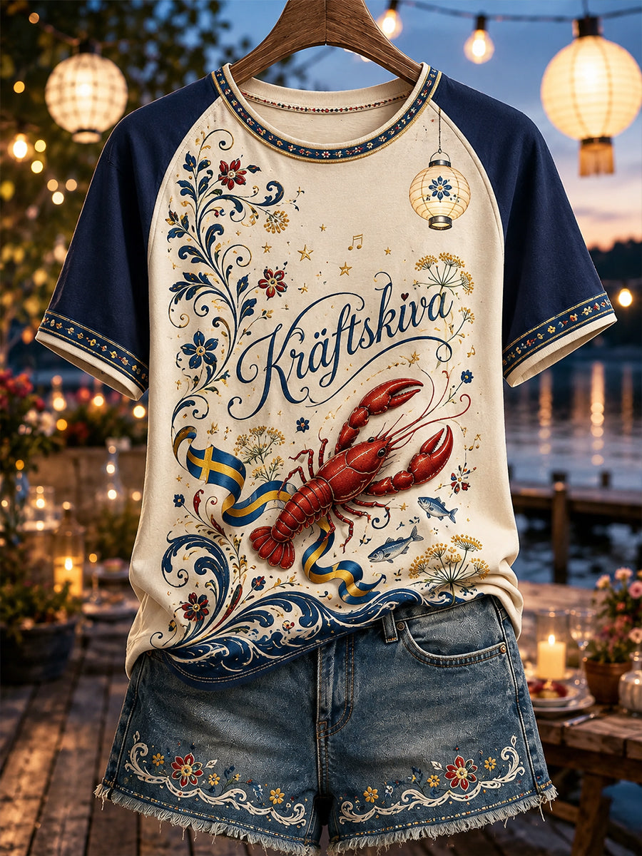 Dams Kräftskiva T-shirt med rund halsringning och kort ärm