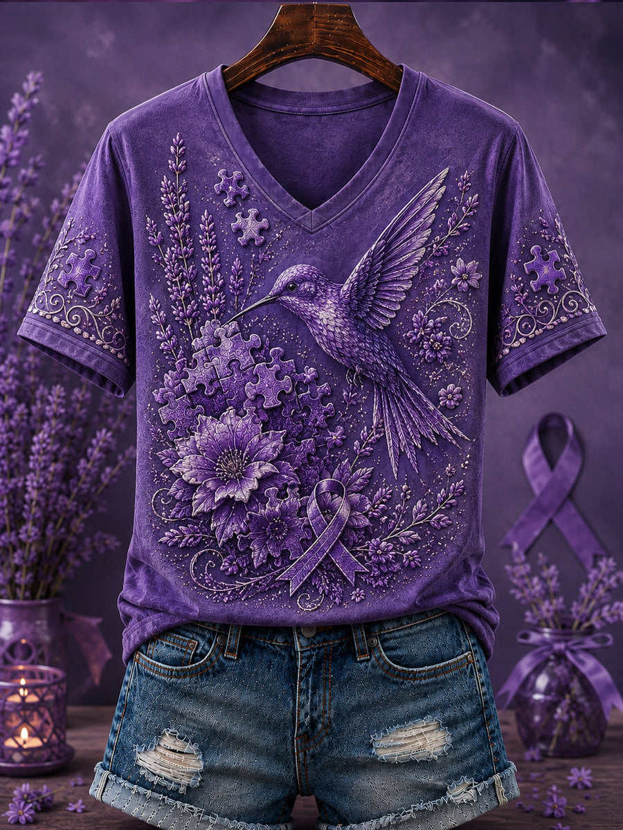 Kvinnors lila Flora Konsttryckt V-hals T-shirt