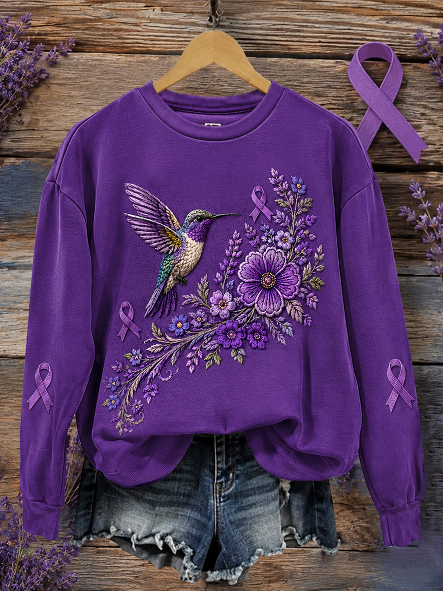 Kvinnors lila blommor & Hummingbird Skriv ut Alzheimers medvetenhet Support Sweatshirt