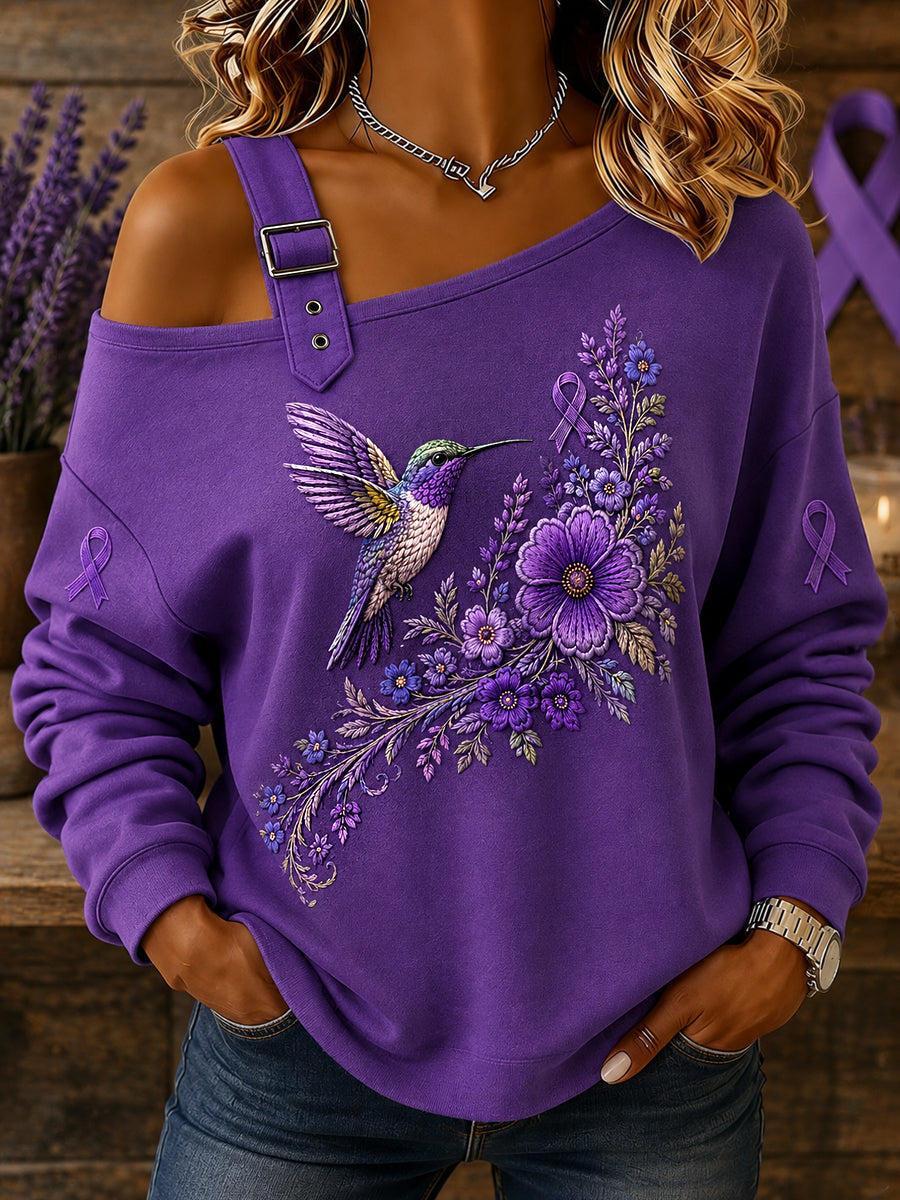 Kvinnors lila blommar & kolibri Skriv ut Alzheimers medvetenhet Support Off-Shoulder Sweatshirt