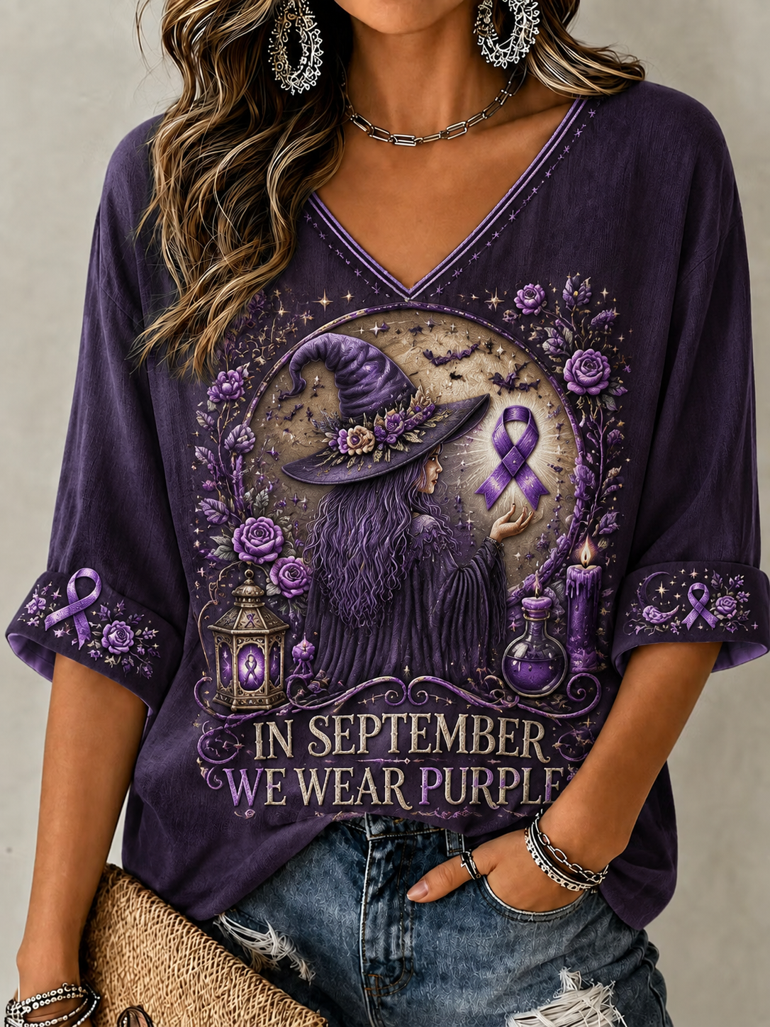Kvinnors I september bär vi lila mitt längd ärmar V-hals T-shirt
