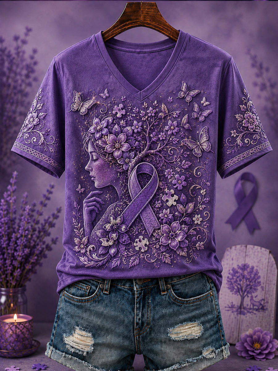 Dammens lila Flora-konsttryckt t-shirt med v-ringning