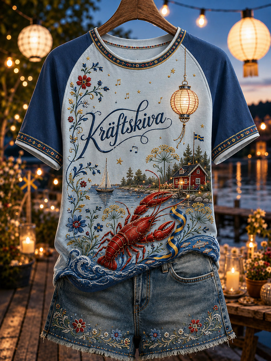 Damer Sverige Kräftskiva T-shirt med rund halsringning och kort ärm