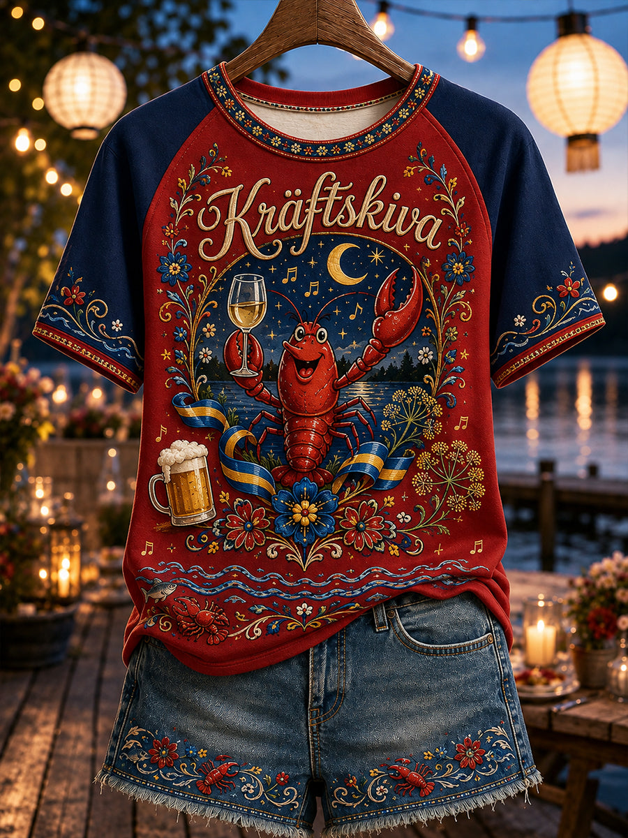 Damer Sverige Kräftskiva T-shirt med rund halsringning och kort ärm