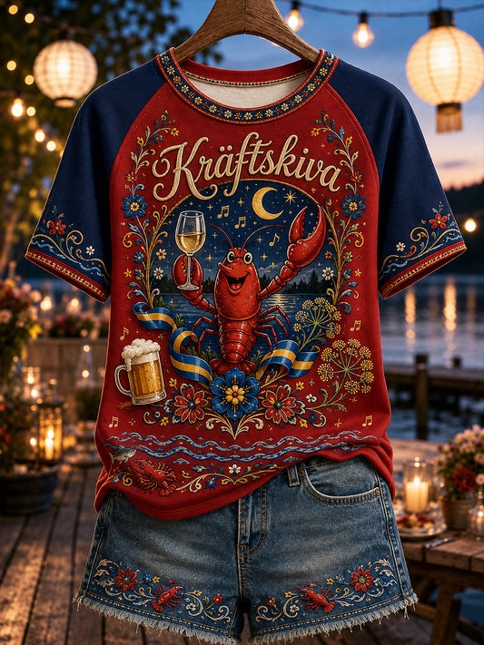 Damer Sverige Kräftskiva T-shirt med rund halsringning och kort ärm