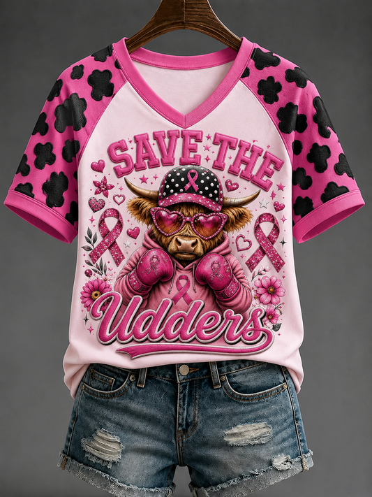 Kvinnors rädda Udders V-hals Off-axel kortärmad T-shirt