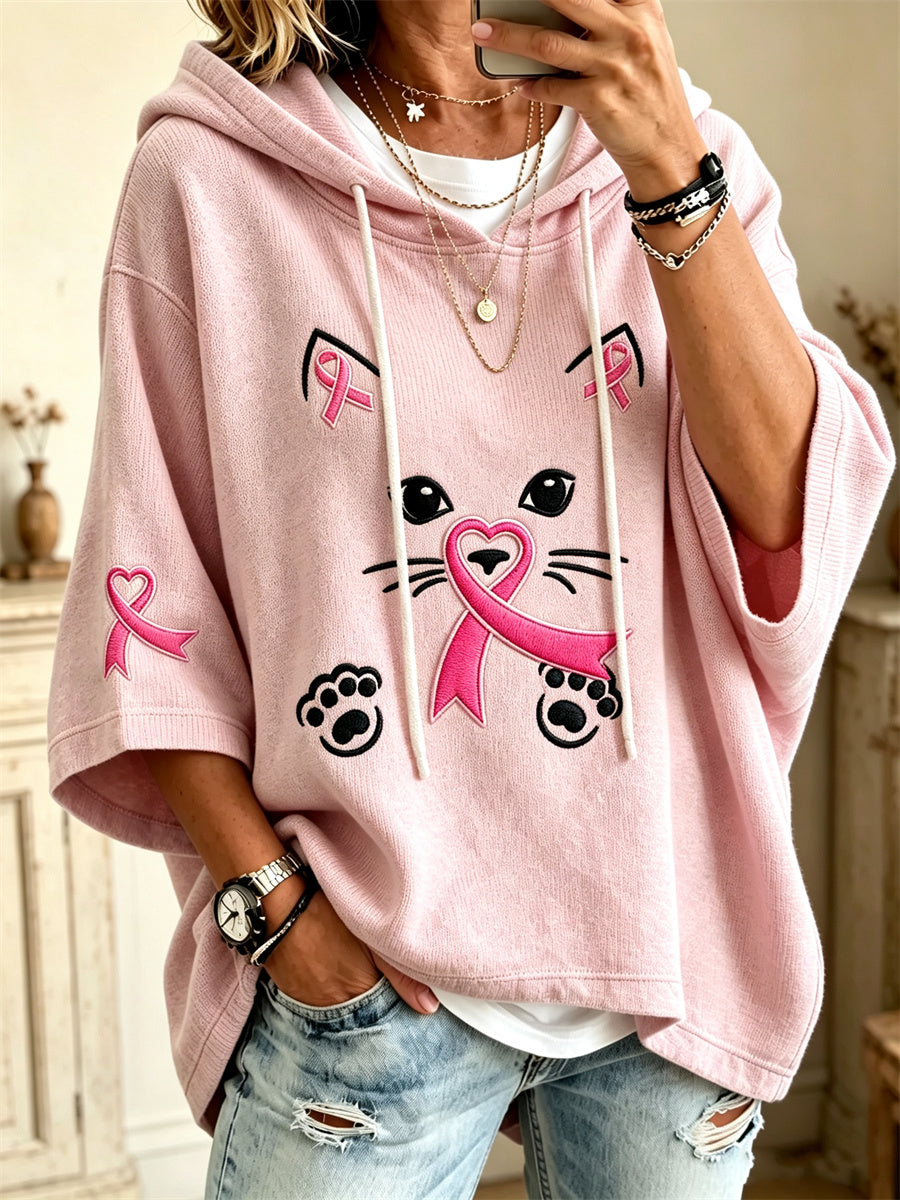 Kvinnors ljuvliga katt ansikte & rosa band Skriv ut mitt ärm översize Hoodie Mitt ärm