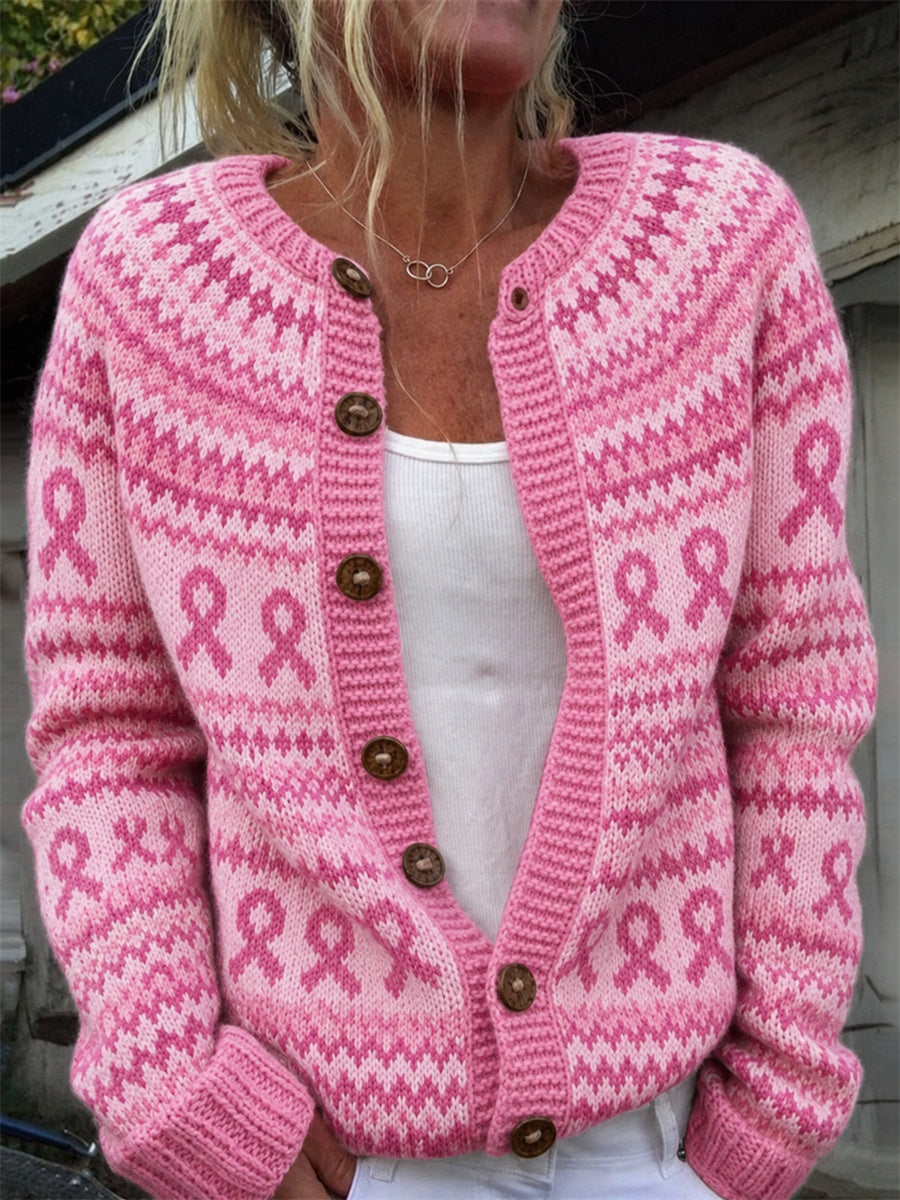Kvinnors bröstcancer medvetenhet Pink Ribbon Isle Print Mysig Cardigan
