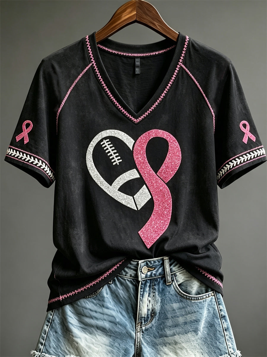 Kvinnors Pink Ribbon Fotboll Hjärta Glitter Skriv ut kortärmad T-shirt