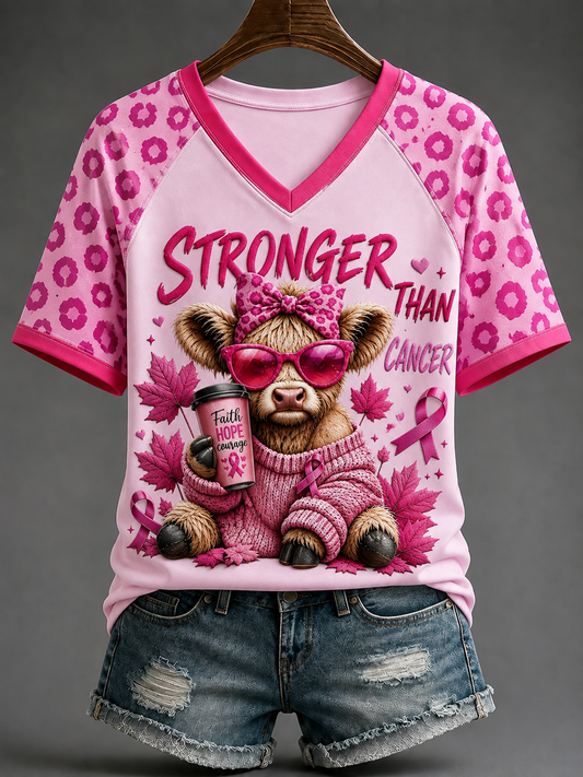 Kvinnors starkare än cancer V-hals Off-axel Kort-ärmad T-shirt