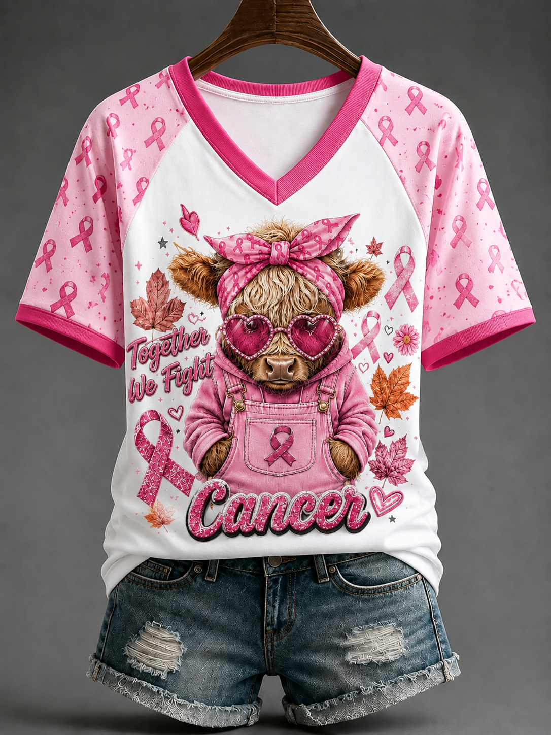 Kvinnor tillsammans Vi slåss mot cancer V-hals Off-axel Kort-ärmad T-shirt