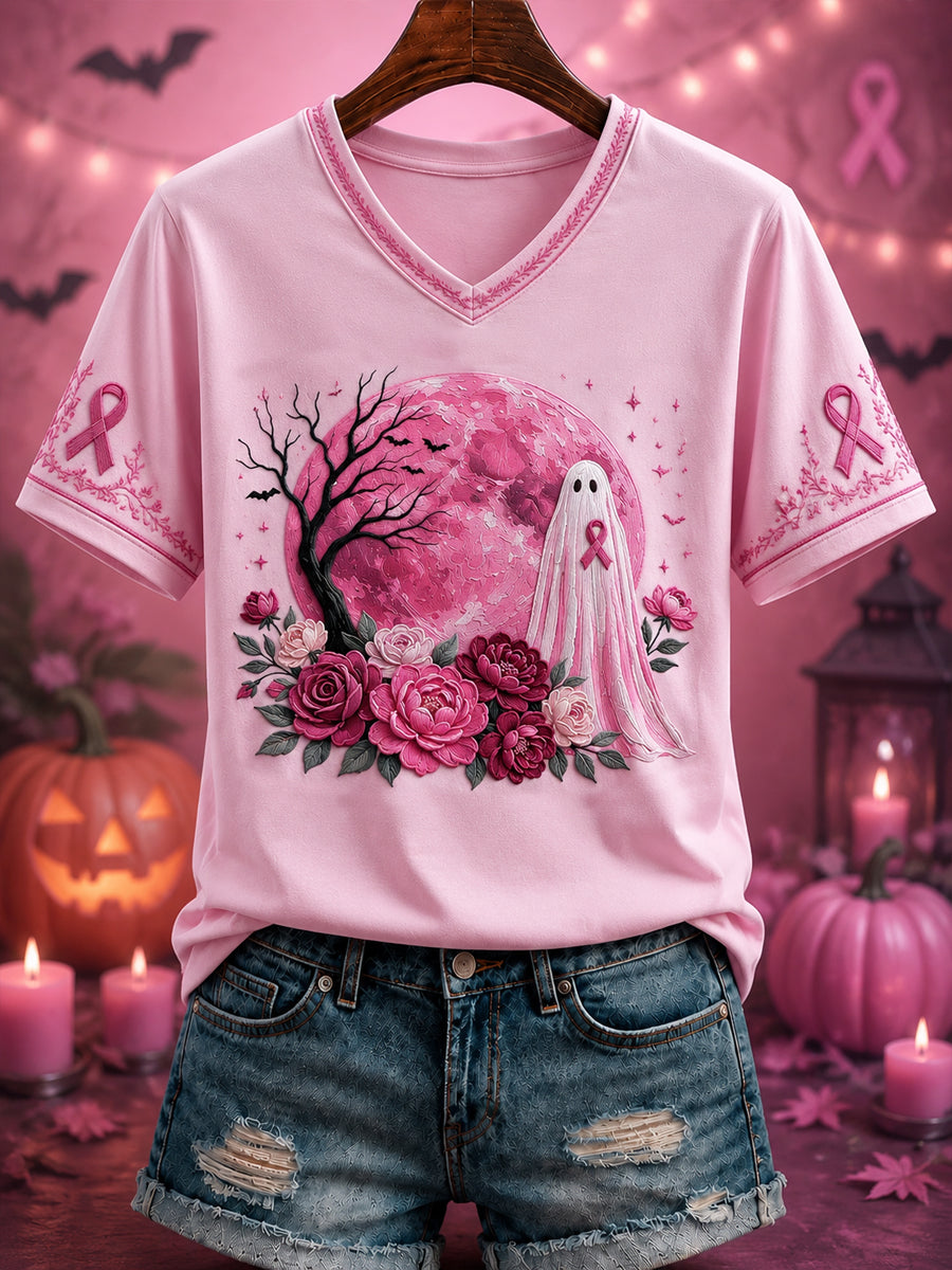 Kvinnlig Halloween-klädsel mot bröstcancer med rosa blommor tryckta och V-ringning – T-shirt