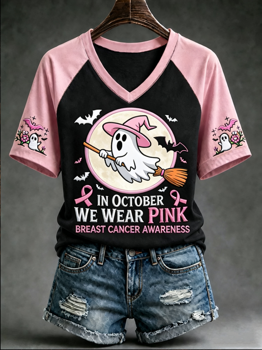 Kvinnor i oktober bär vi rosa V-hals off-axel kortärmad T-shirt
