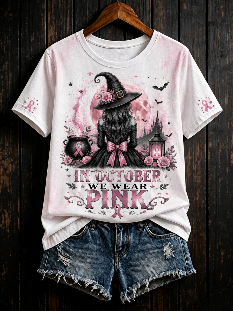Kvinnor i oktober bär vi rosa kortärmad T-shirt