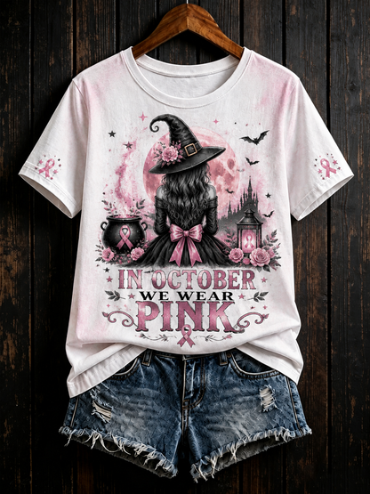 Kvinnor i oktober bär vi rosa kortärmad T-shirt
