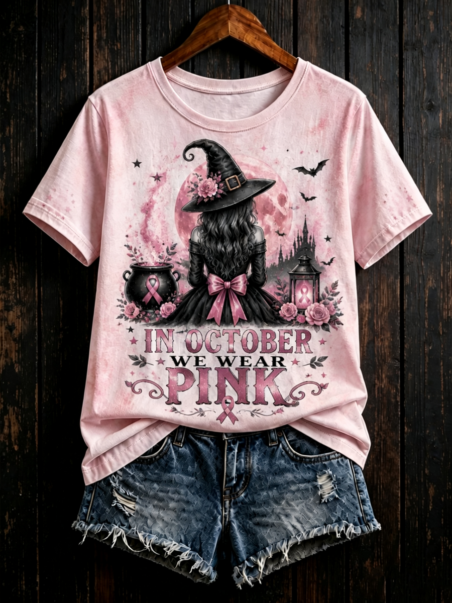 Kvinnor i oktober bär vi rosa kortärmad T-shirt