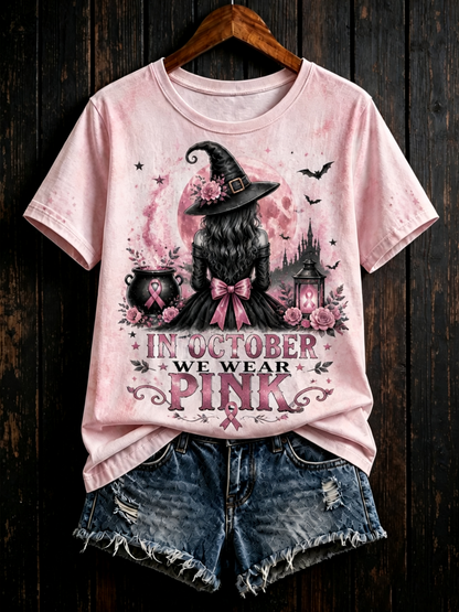 Kvinnor i oktober bär vi rosa kortärmad T-shirt