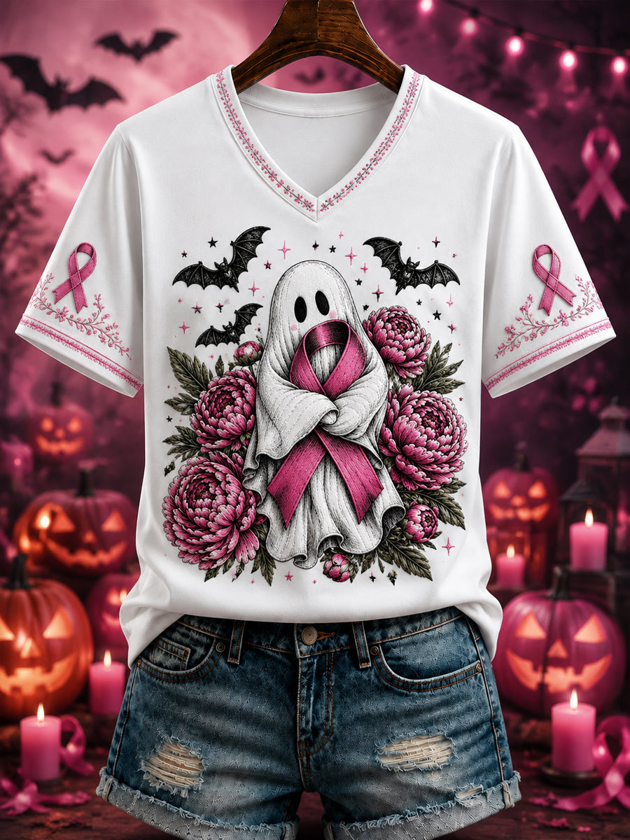Kvinnlig Halloween-klädsel mot bröstcancer med rosa blommor tryckta och V-ringning – T-shirt