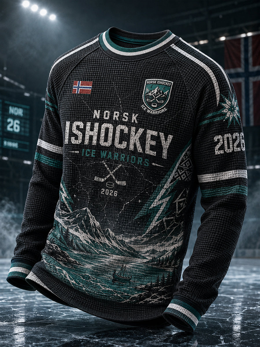 Herrerens raglan-T-skjorte i vaffelstrikk med lange ermer og ishockeymotiv