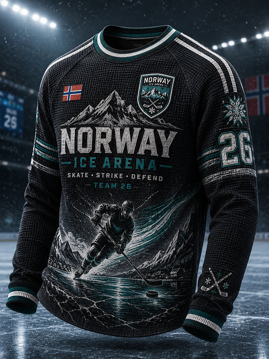 Herrerens raglan-T-skjorte med vaffelmønster, lange ermer og hockeymotiv