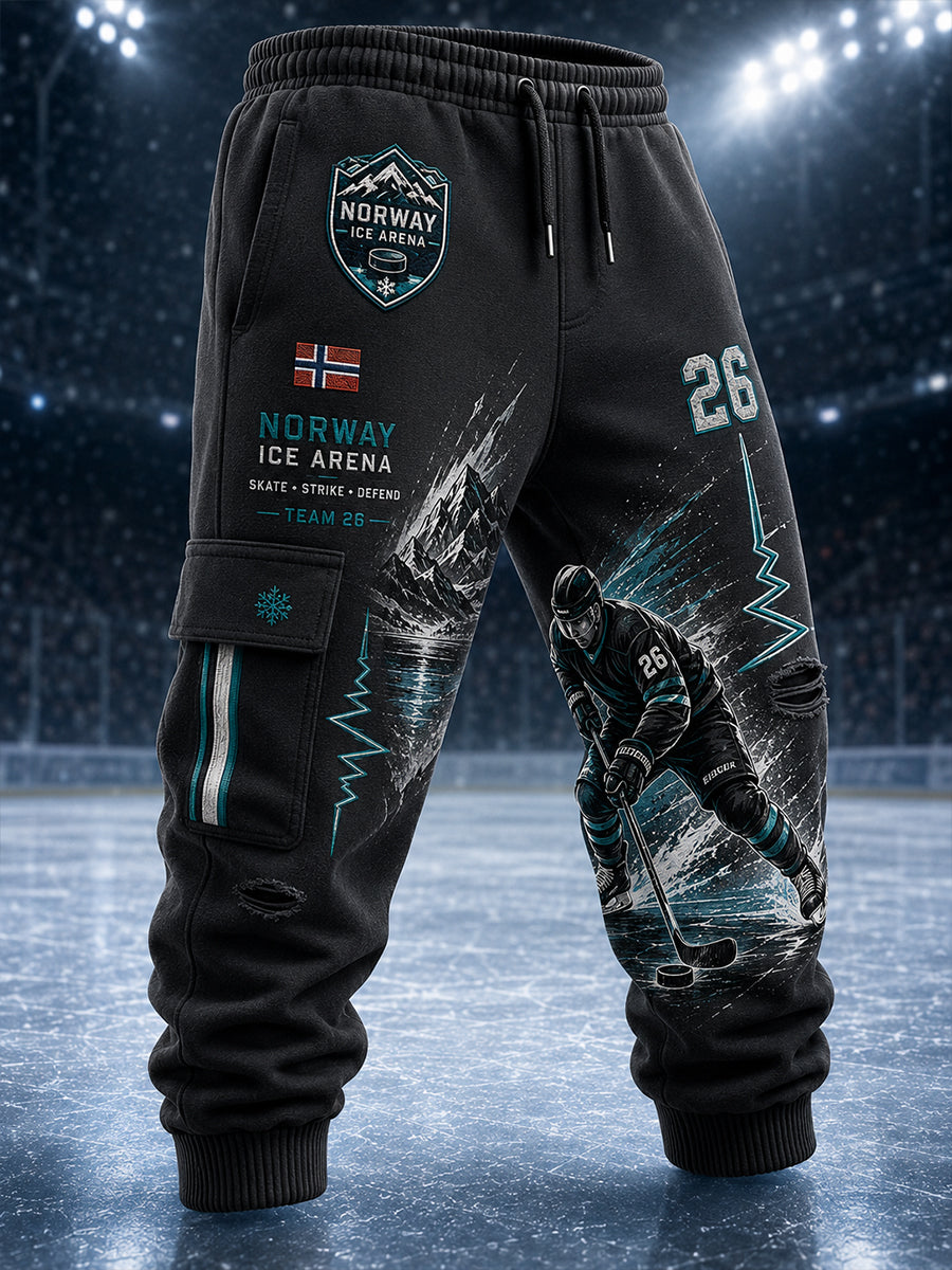 Idrettsbukser med print inspirert av herrehockey på is