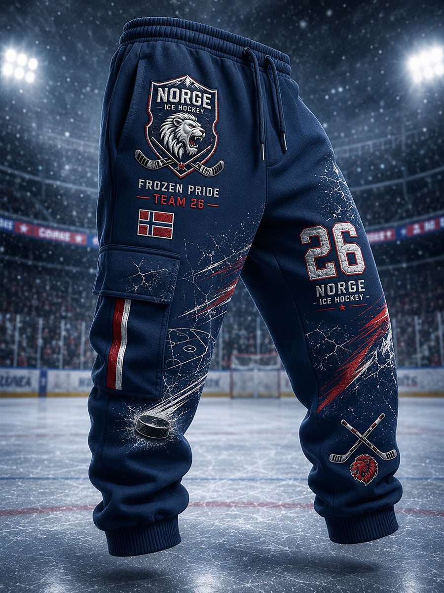 Idrettsbukser med print inspirert av herrehockey på is
