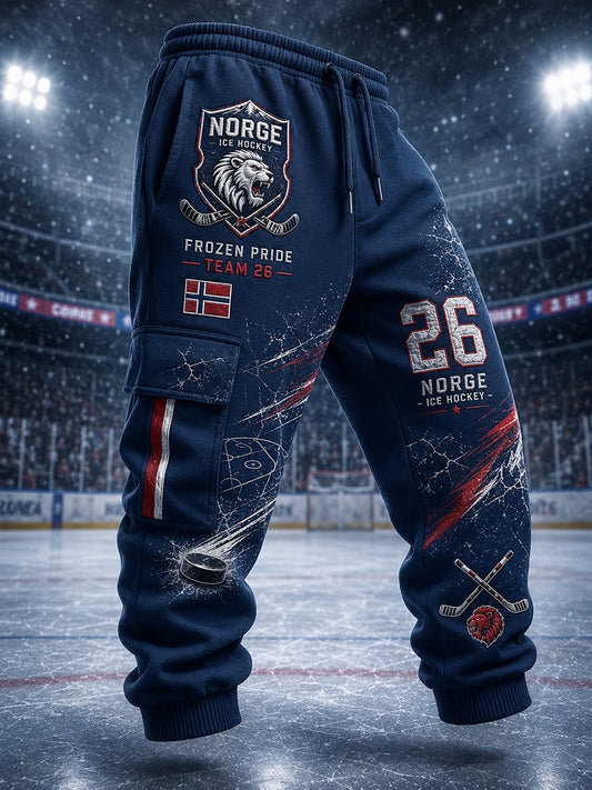 Idrettsbukser med print inspirert av herrehockey på is