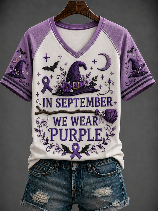Kvinnors septembertröja i lila med V-ringning och off-shoulder-kortärmat stil