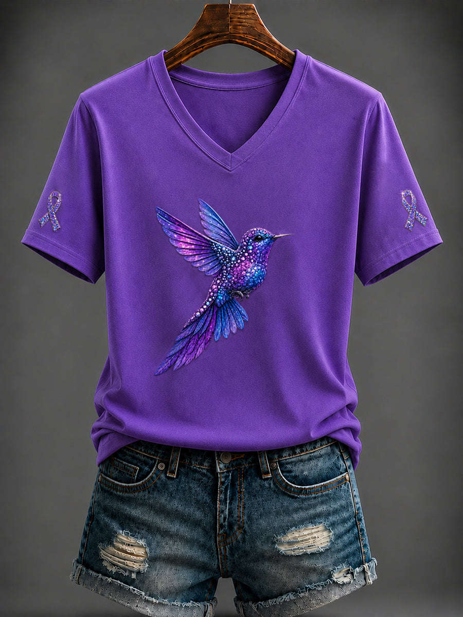 Dammadens Alzheimersjukdom lila konsttryckt t-shirt med v-ringning