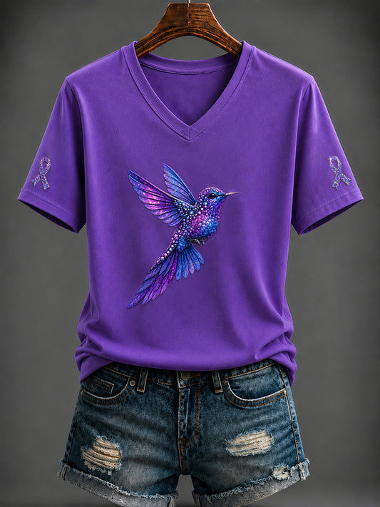 Dammadens Alzheimersjukdom lila konsttryckt t-shirt med v-ringning